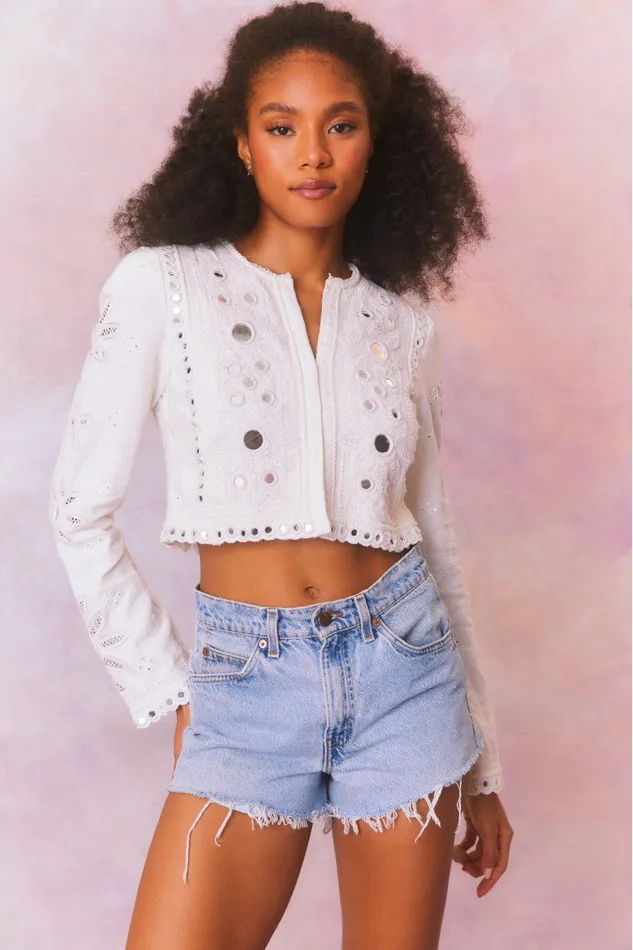 Women Jackets and Coats LoveShackFancy Veranda Artisanal Cropped Jacket True White