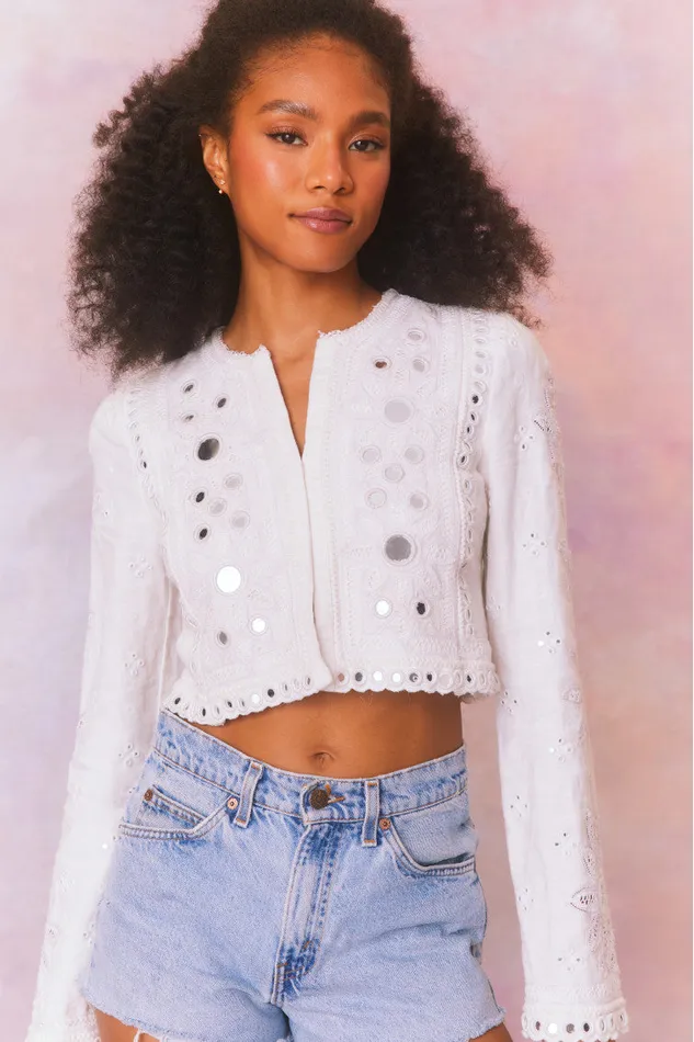 Women Jackets and Coats LoveShackFancy Veranda Artisanal Cropped Jacket True White Women Jackets and Coats LoveShackFancy Veranda Artisanal Cropped Jacket True White