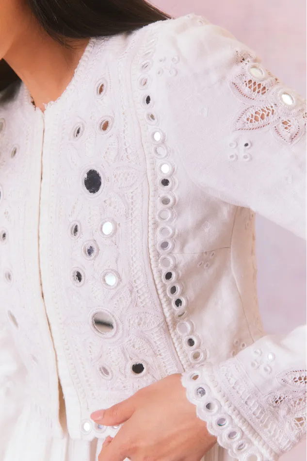 Women Jackets and Coats LoveShackFancy Veranda Artisanal Cropped Jacket True White Women Jackets and Coats LoveShackFancy Veranda Artisanal Cropped Jacket True White