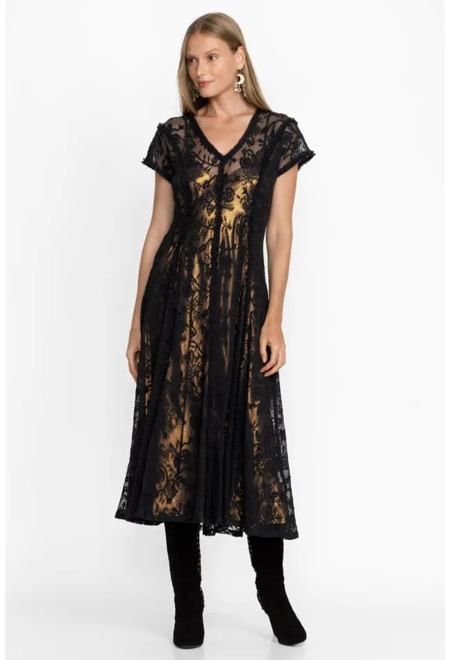 Women Johnny Was Dresses Dina Mesh Midi Dress Black