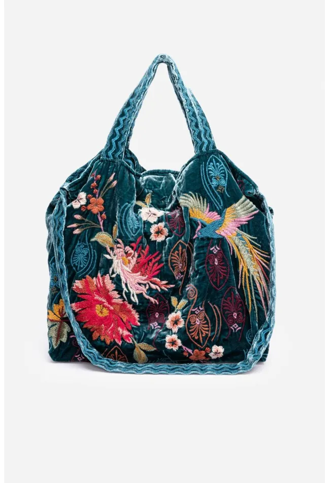 Women Johnny Was Handbags Ashira Velvet Tote Bag Deep Teal