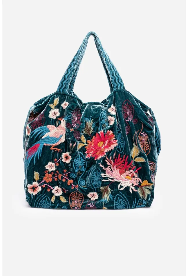 Women Johnny Was Handbags Ashira Velvet Tote Bag Deep Teal