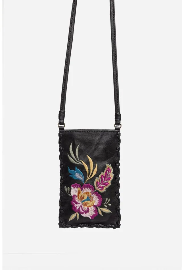 Women Johnny Was Handbags Floreale Whipstitch Italian Leather Cell Phone Crossbody Black