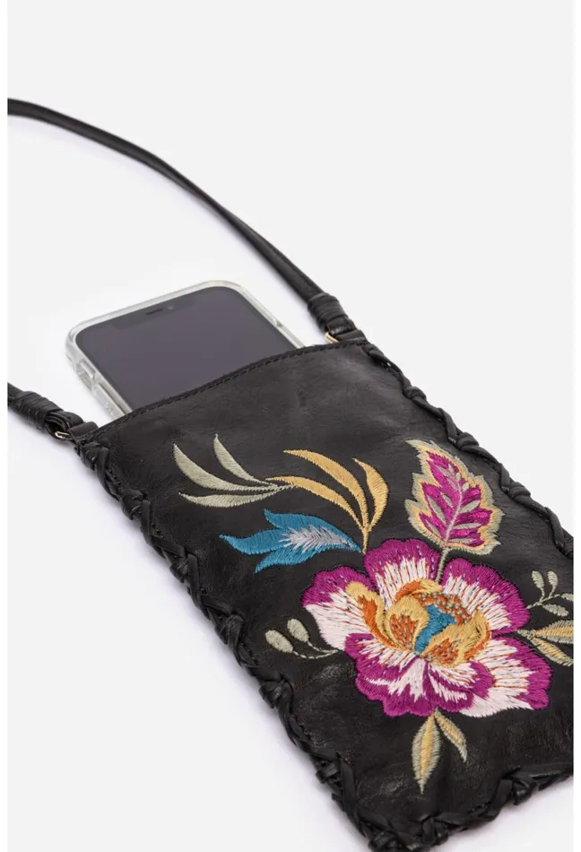 Women Johnny Was Handbags Floreale Whipstitch Italian Leather Cell Phone Crossbody Black