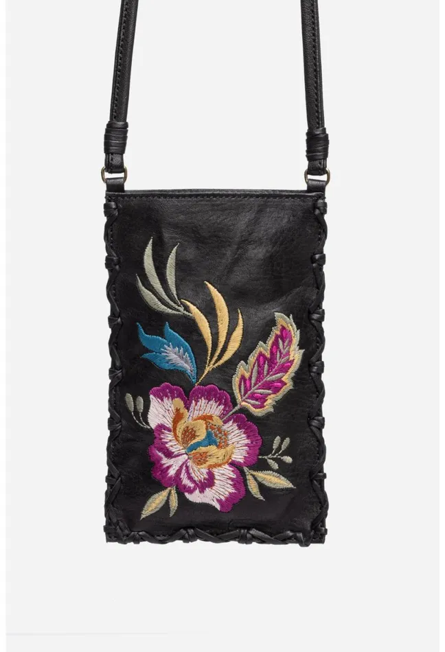 Women Johnny Was Handbags Floreale Whipstitch Italian Leather Cell Phone Crossbody Black