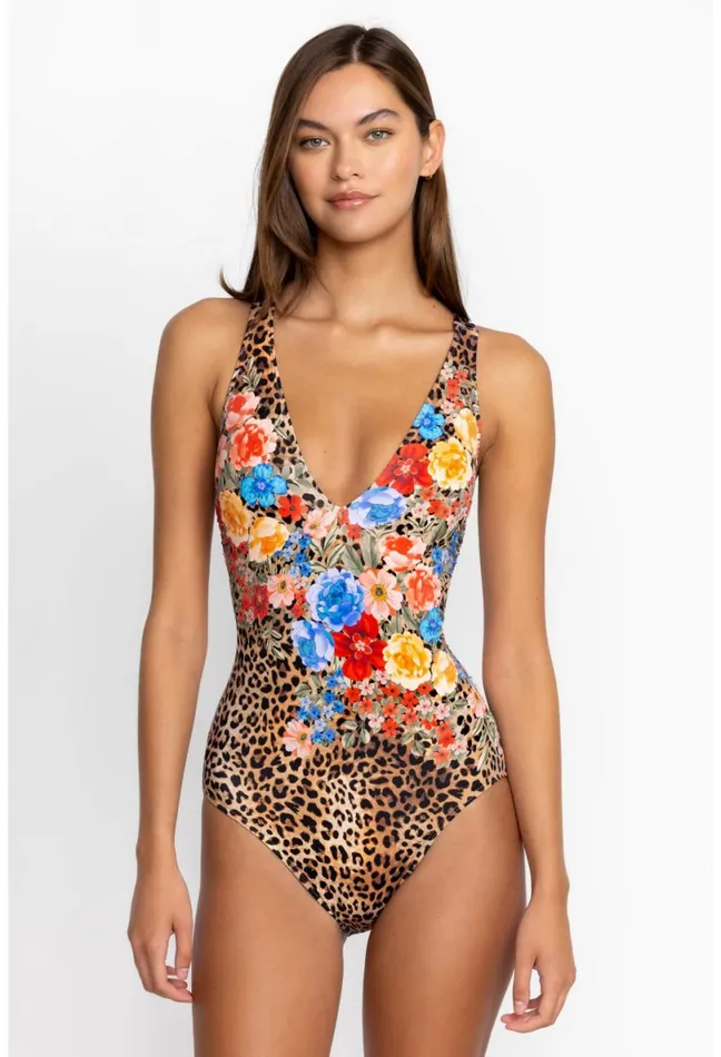 Women Johnny Was Swim and Resort Cheetah Cross Back One Piece Multi