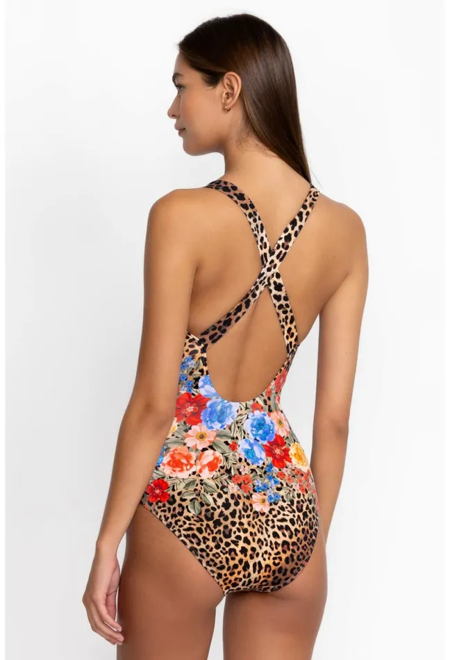 Women Johnny Was Swim and Resort Cheetah Cross Back One Piece Multi
