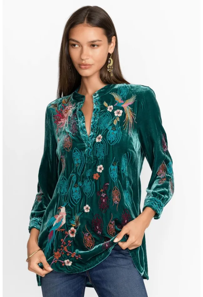 Women Johnny Was Tops Ashira Velvet Henley Shirt Tunic Deep Teal