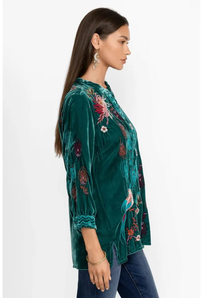Women Johnny Was Tops Ashira Velvet Henley Shirt Tunic Deep Teal