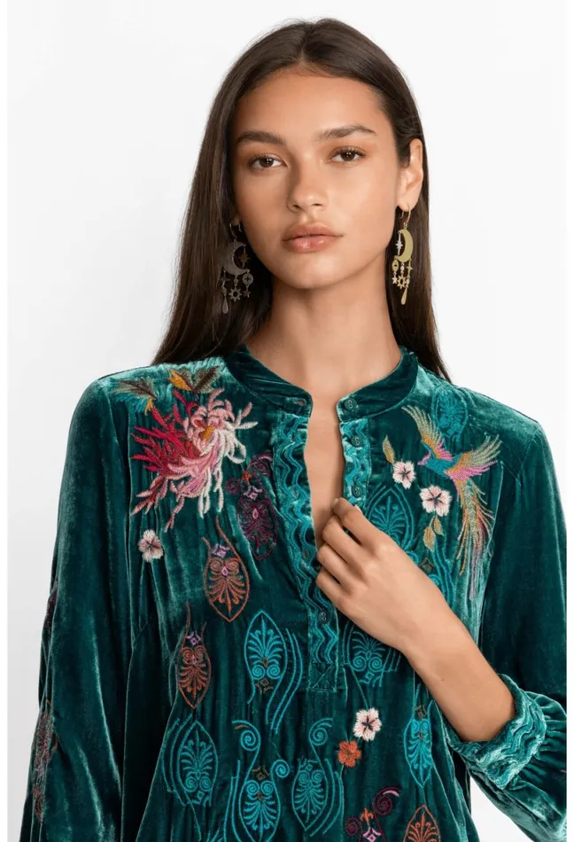 Women Johnny Was Tops Ashira Velvet Henley Shirt Tunic Deep Teal
