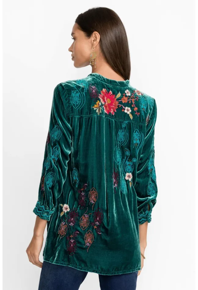 Women Johnny Was Tops Ashira Velvet Henley Shirt Tunic Deep Teal
