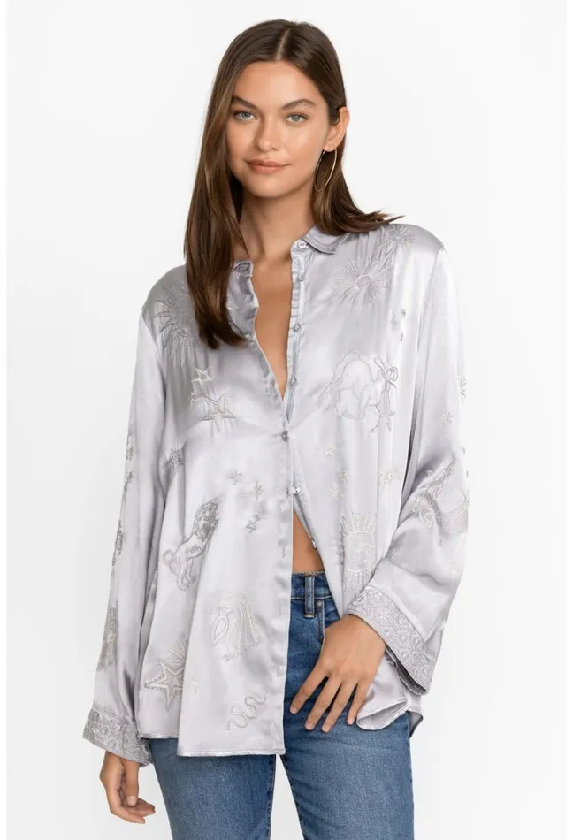Women Johnny Was Tops Estrella Kimono Sleeve Oversized Shirt Silver