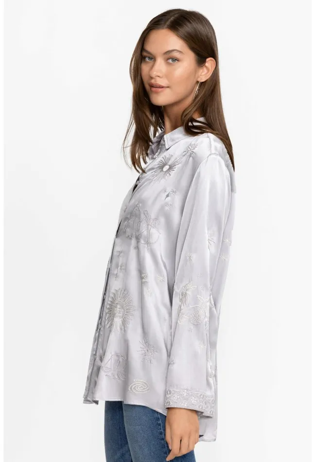 Women Johnny Was Tops Estrella Kimono Sleeve Oversized Shirt Silver