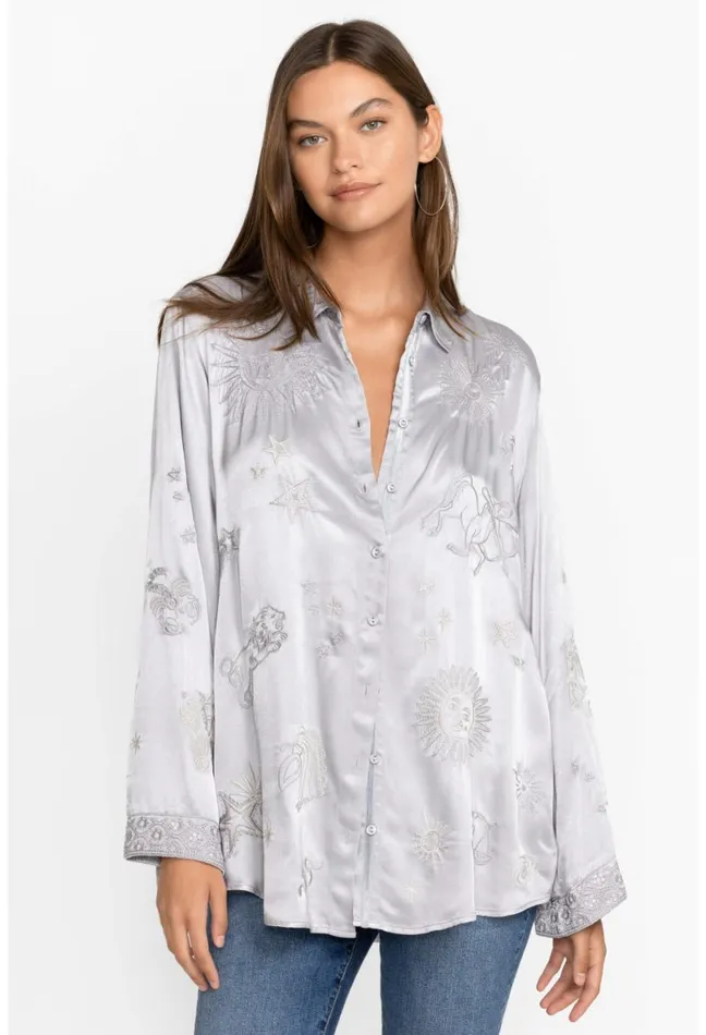 Women Johnny Was Tops Estrella Kimono Sleeve Oversized Shirt Silver