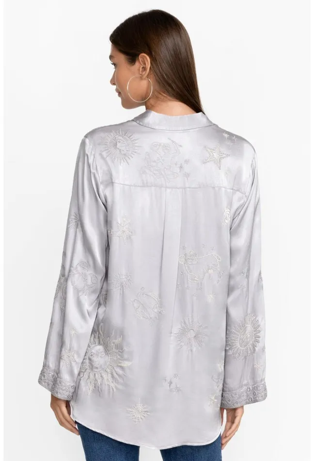 Women Johnny Was Tops Estrella Kimono Sleeve Oversized Shirt Silver