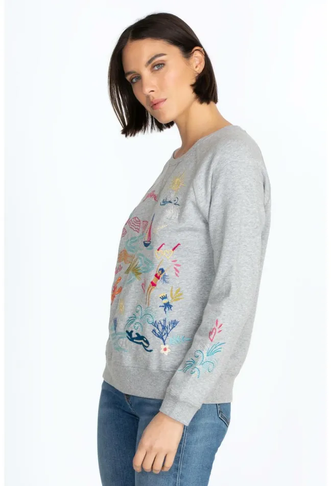 Women Johnny Was Tops Hamptons Raglan Sweatshirt Light Heather Gray