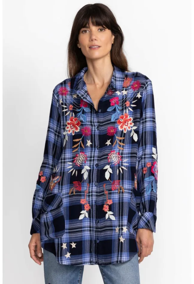Women Johnny Was Tops Mika Painters Smock Tunic Plaid