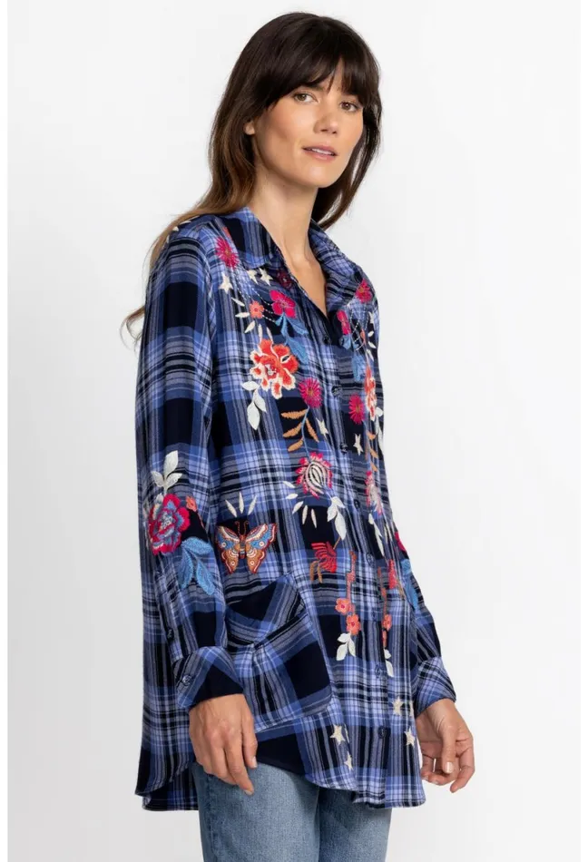 Women Johnny Was Tops Mika Painters Smock Tunic Plaid