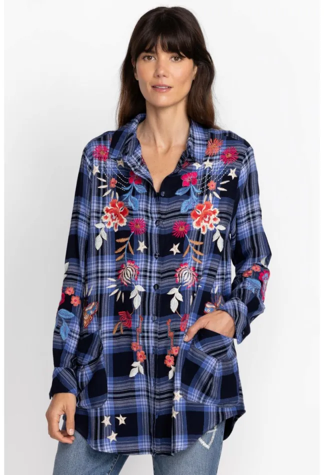 Women Johnny Was Tops Mika Painters Smock Tunic Plaid