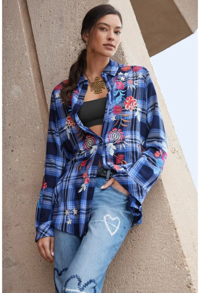 Women Johnny Was Tops Mika Painters Smock Tunic Plaid