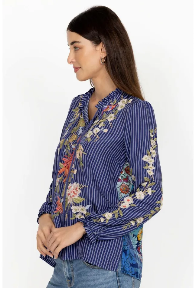 Women Johnny Was Tops Nalina Ruffle Scarf Back Blouse Stripe