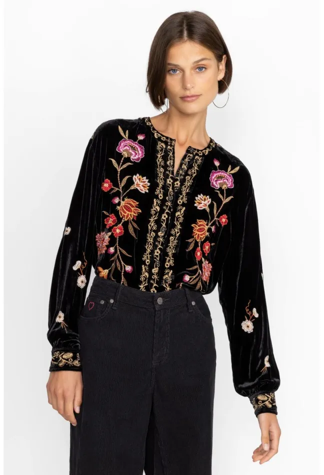 Women Johnny Was Tops Quinn Velvet Mandarin Shirt Black