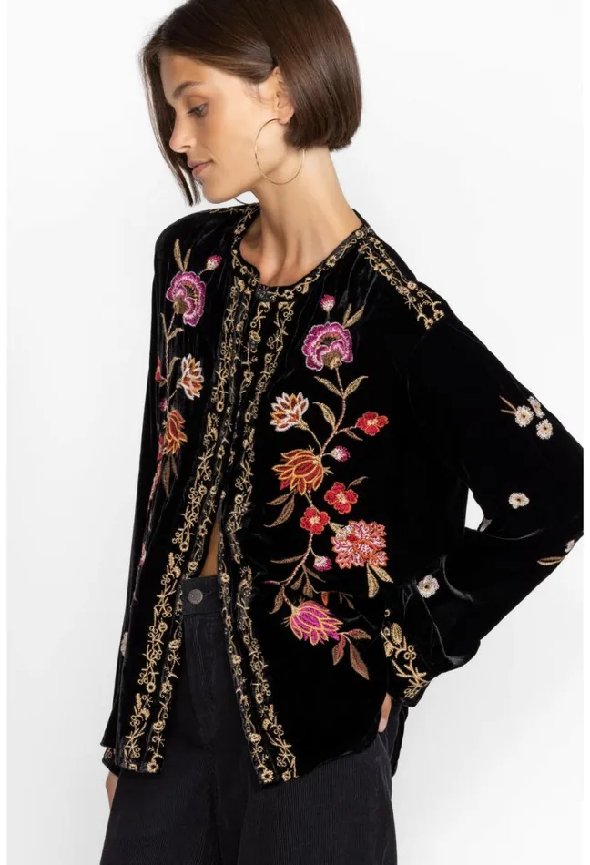 Women Johnny Was Tops Quinn Velvet Mandarin Shirt Black