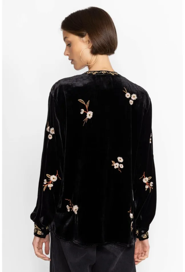 Women Johnny Was Tops Quinn Velvet Mandarin Shirt Black