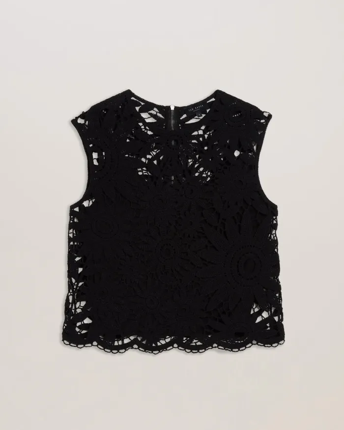 Women KATRNN 8211 Sleeveless Floral Crochet Knit Top Black Ted Baker Jumpers and Cardigans