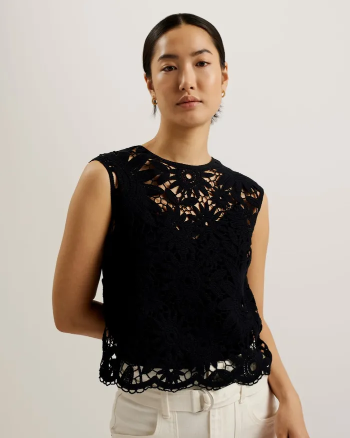 Women KATRNN 8211 Sleeveless Floral Crochet Knit Top Black Ted Baker Jumpers and Cardigans