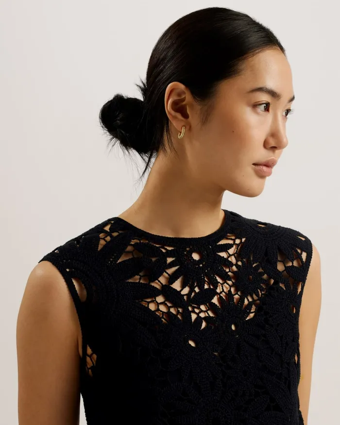 Women KATRNN 8211 Sleeveless Floral Crochet Knit Top Black Ted Baker Jumpers and Cardigans