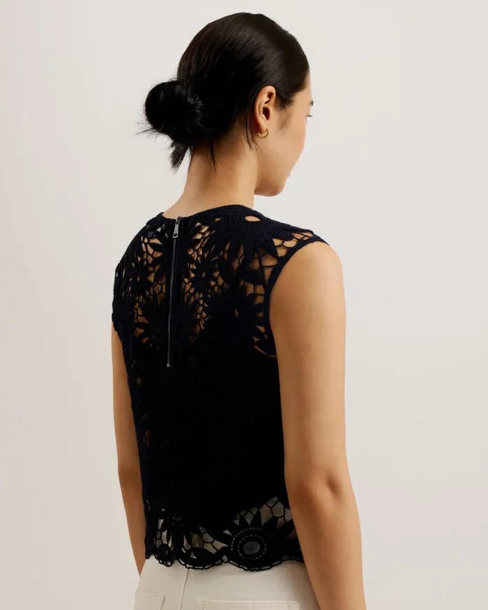 Women KATRNN 8211 Sleeveless Floral Crochet Knit Top Black Ted Baker Jumpers and Cardigans