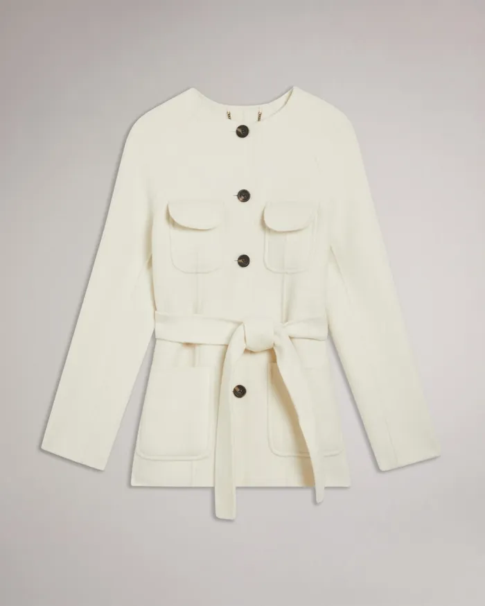 Women LESLIIY 8211 Round Neck Short Coat With Waist Belt Ivory Ted Baker Coats and Jackets
