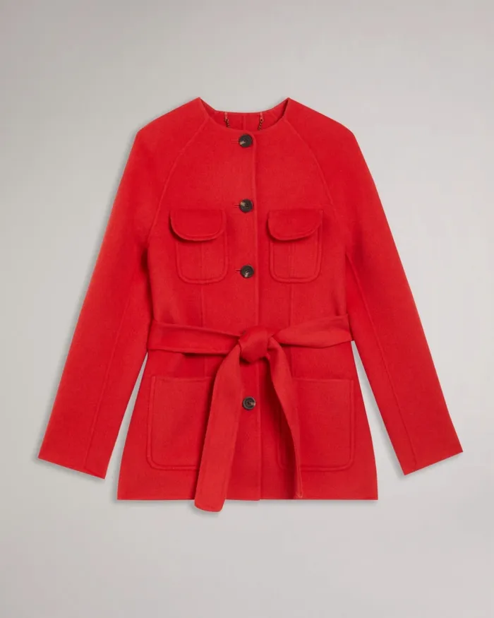Women LESLIIY 8211 Round Neck Short Coat With Waist Belt Red Ted Baker Coats and Jackets