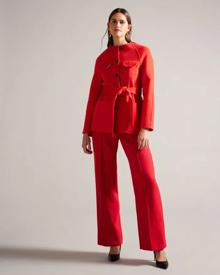 Women LESLIIY 8211 Round Neck Short Coat With Waist Belt Red Ted Baker Coats and Jackets