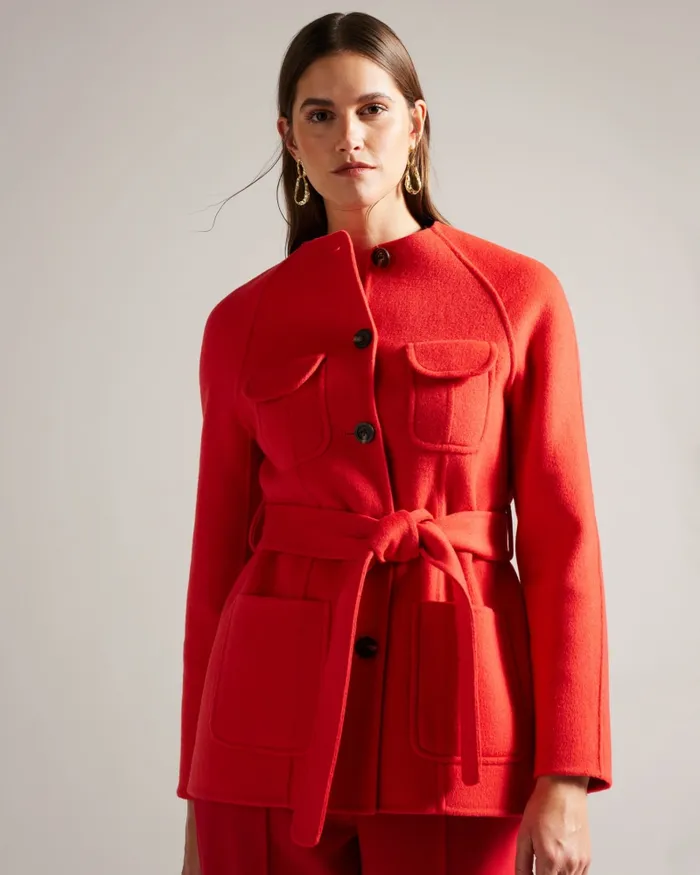 Women LESLIIY 8211 Round Neck Short Coat With Waist Belt Red Ted Baker Coats and Jackets