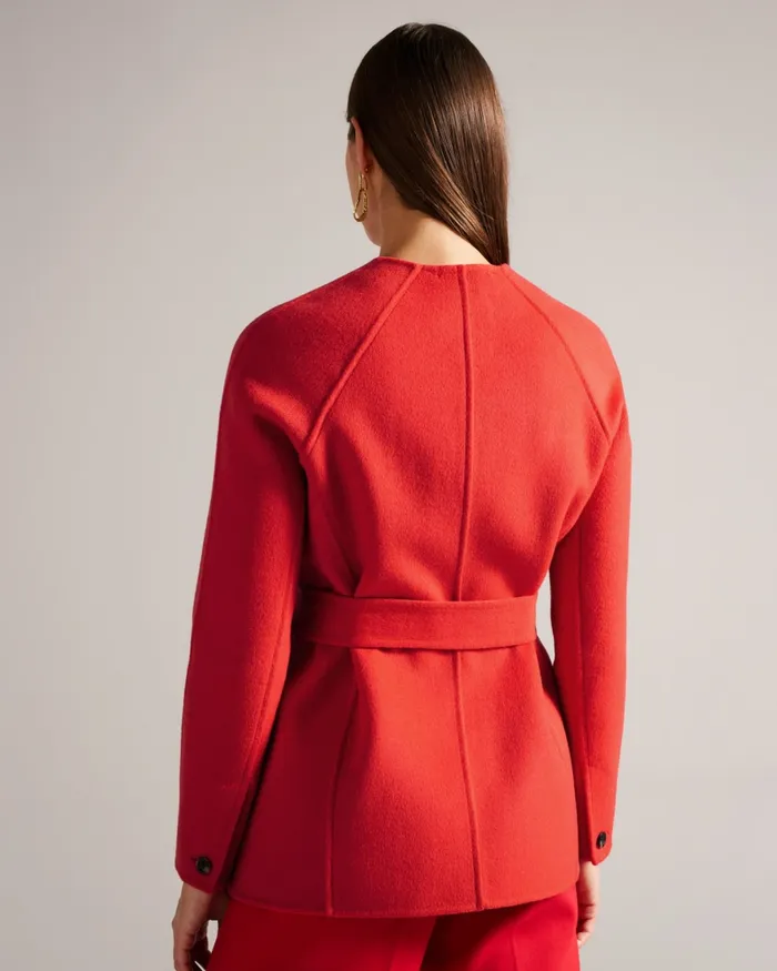 Women LESLIIY 8211 Round Neck Short Coat With Waist Belt Red Ted Baker Coats and Jackets