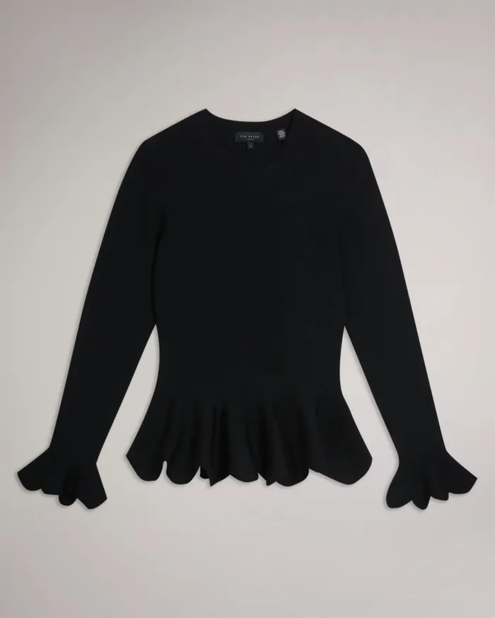 Women LILLYYY 8211 Long Sleeve Scalloped Peplum Top Black Ted Baker Tops and Blouses