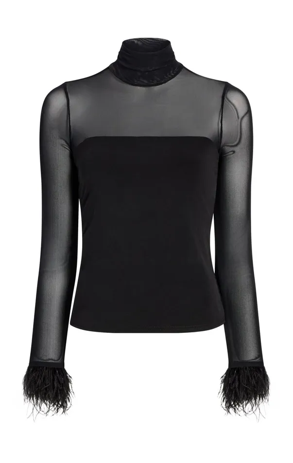 Women Long Sleeve Tops Cinq Sept Feather Trim Shantel Top Black