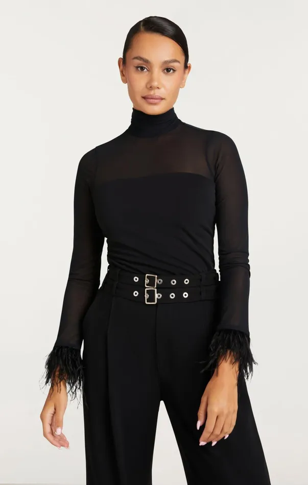 Women Long Sleeve Tops Cinq Sept Feather Trim Shantel Top Black