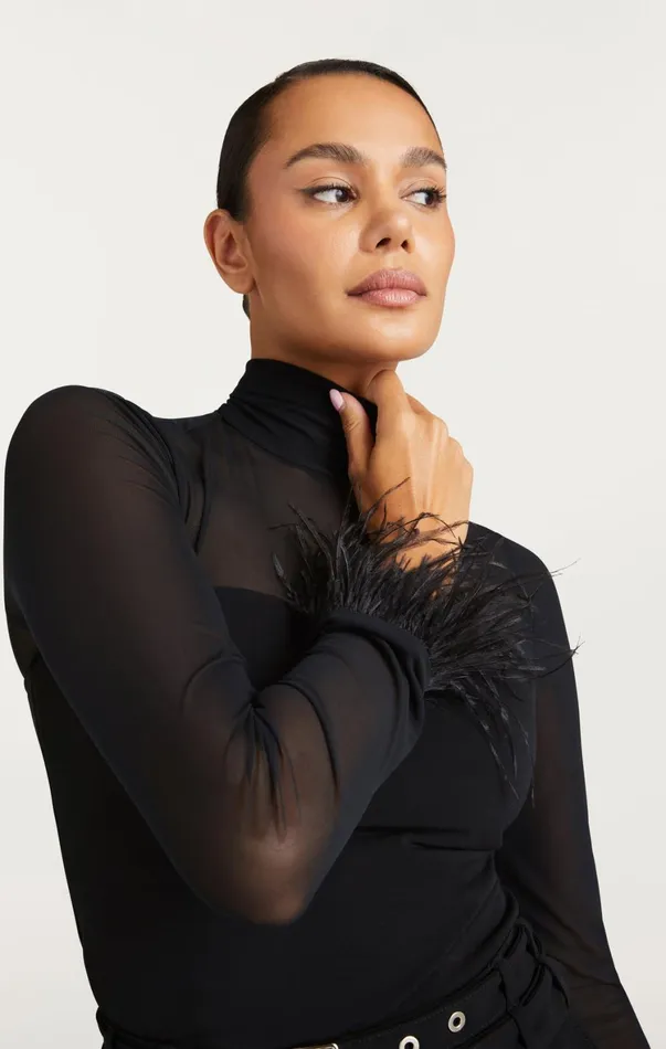 Women Long Sleeve Tops Cinq Sept Feather Trim Shantel Top Black