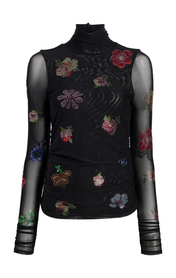 Women Long Sleeve Tops Cinq Sept Heatset Pansy Garden Mesh Turtleneck Blackmulti
