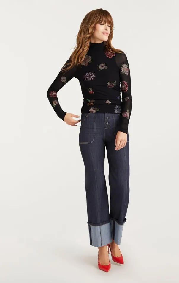 Women Long Sleeve Tops Cinq Sept Heatset Pansy Garden Mesh Turtleneck Blackmulti