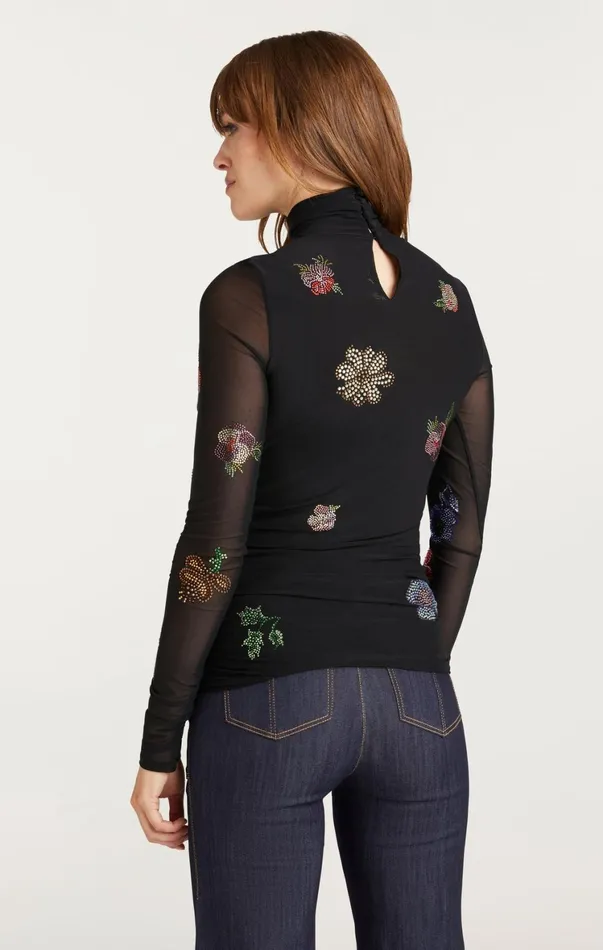 Women Long Sleeve Tops Cinq Sept Heatset Pansy Garden Mesh Turtleneck Blackmulti