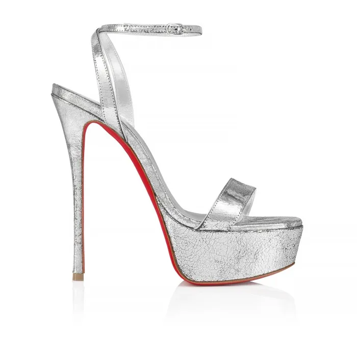 Women Loubi Queen Alta 150 Mm Strappy Sandals 8211 Manoir Specchio Leather 8211 Silver Christian Louboutin Platforms