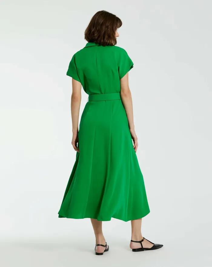 Women Mac Duggal Crepe Collared Short Sleeve Midi Dress With Belt 8211 FINAL SALE Spring Green Every Day Dresses