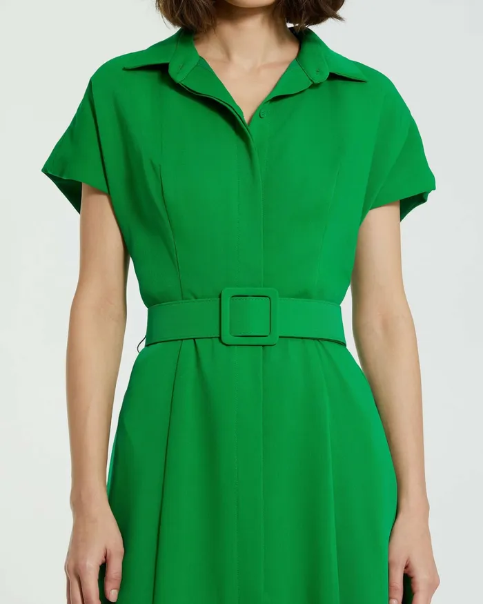 Women Mac Duggal Crepe Collared Short Sleeve Midi Dress With Belt 8211 FINAL SALE Spring Green Every Day Dresses