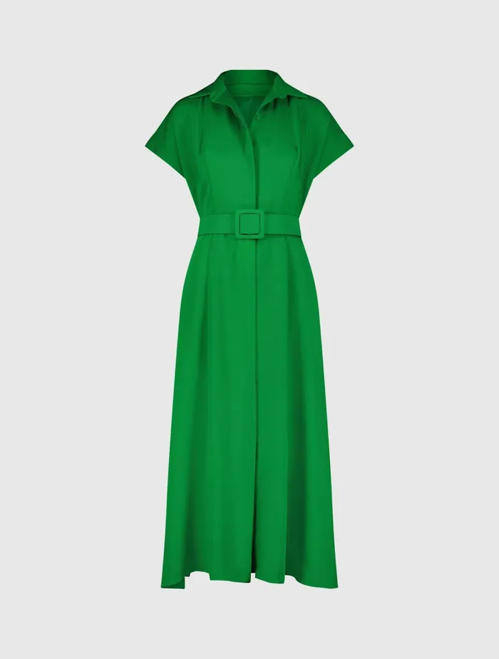 Women Mac Duggal Crepe Collared Short Sleeve Midi Dress With Belt 8211 FINAL SALE Spring Green Every Day Dresses