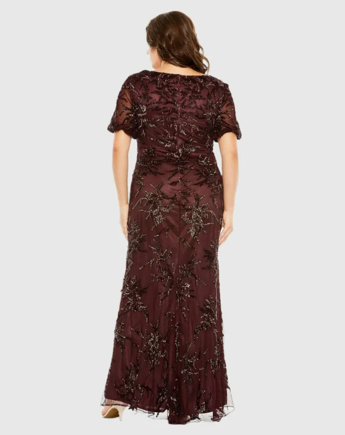 Women Mac Duggal Puff Short Sleeve Embellished Dress Mahogany Plus Size Dresses