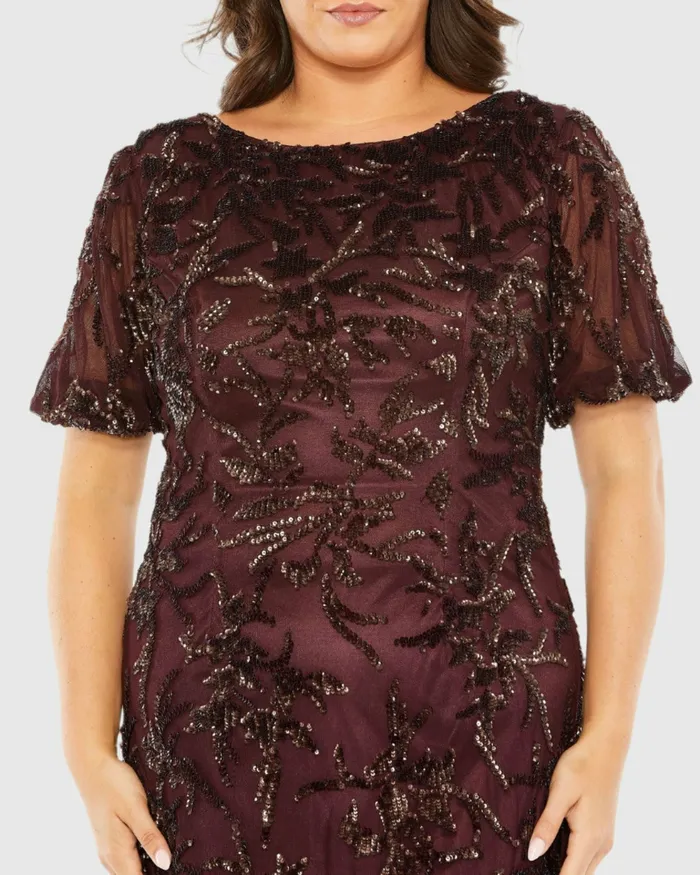 Women Mac Duggal Puff Short Sleeve Embellished Dress Mahogany Plus Size Dresses